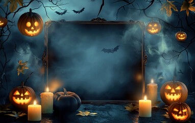 Spooky Halloween-themed background with floating pumpkins, candles, and a foggy space for customizable text