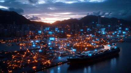 Obraz premium futuristic smart port at sunset, featuring massive ship unloading cargo amidst network of glowing connections and data visualizations. scene captures essence of modern logistics and technology