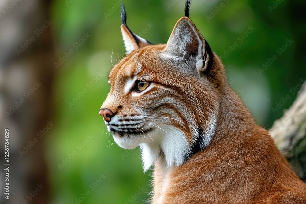 Poster close-up view of a lynx sitting on a tree branch, looking alert