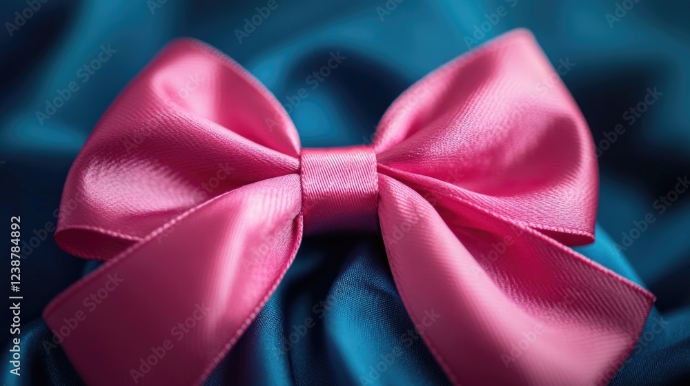 Poster a close-up shot of a pink bow sitting on a blue cloth, perfect for adding a touch of elegance to you