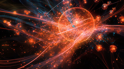 A vibrant cosmic scene featuring swirling energy, glowing particles, and a central orb, evoking themes of space and abstract art.