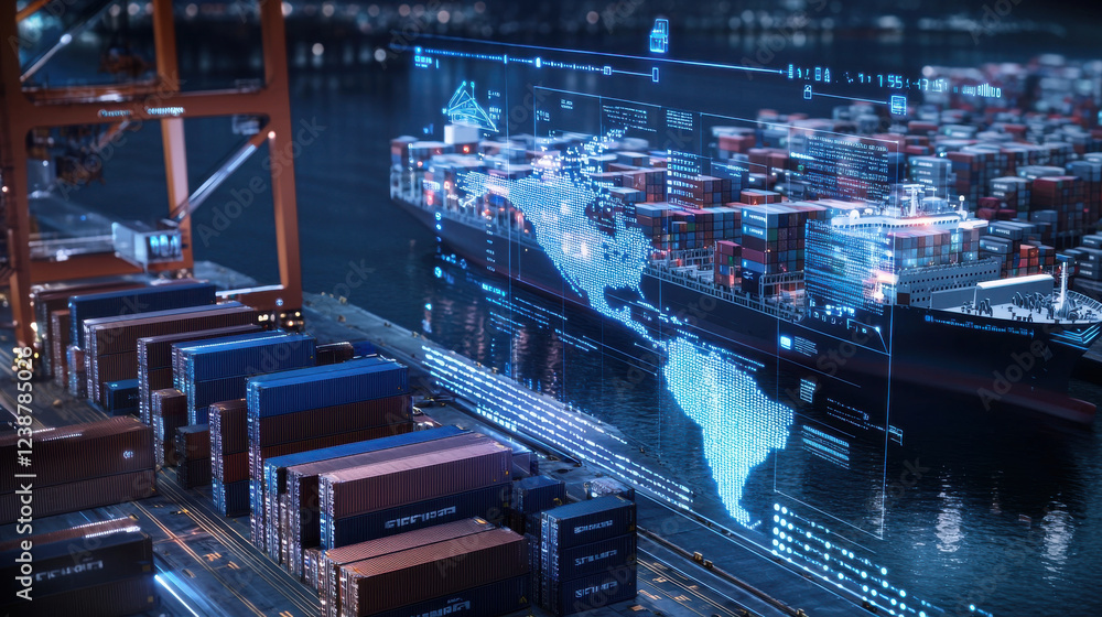 Poster high tech maritime logistics hub with container ship and digital interface. scene showcases advanced