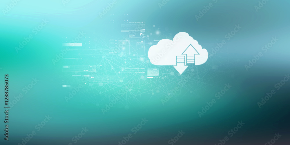 Poster 2d illustration uploading downloading arrow with cloud