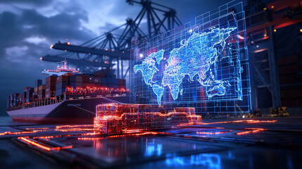 High tech maritime logistics hub with container ship and digital world map. scene showcases advanced technology in shipping and logistics, emphasizing global trade