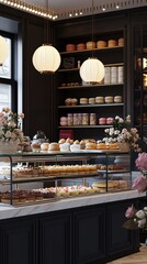 A chic patisserie with Ã©clairs, macarons, and cakes neatly arranged.