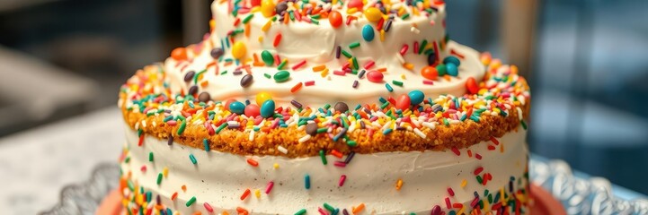 Tiered cake with colorful sprinkles and candies in a decorative display stand, confectionery art, dessert table, party food