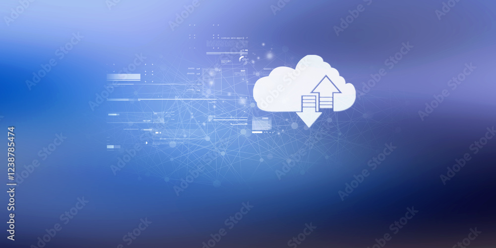 Poster 2d illustration uploading downloading arrow with cloud