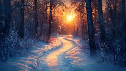 Naklejka premium Serene Winter Sunset Path: Golden light illuminates snowy forest trail winding gently through tranquil trees. AI Generated