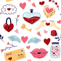 Valentine's Day Seamless pattern with different elements. Cute background for textiles and packaging. On white background. Vector illustration.