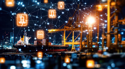 Fototapeta premium Modern shipping yard at night with massive cranes loading containers, illuminated by city lights and digital icons representing logistics and technology