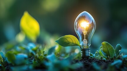 Glowing bulb sprouting in garden; eco-energy concept
