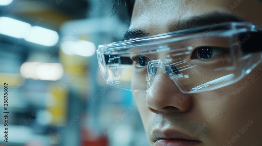 Poster close up of an engineer wearing futuristic smart glasses with augmented reality data projected on th