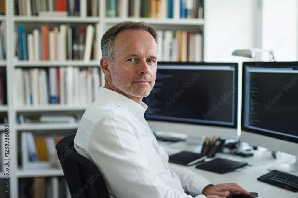 Poster A person sitting at a desk with two computer monitors, possibly working or studying
