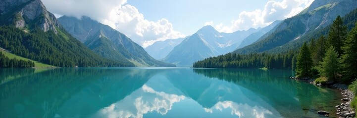 Tranquil mountain lake with surrounding peaks and clouds, peaceful, serene, landscapes