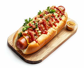 Gourmet Hot Dog with Bacon, Ketchup, Mustard and Cucumber