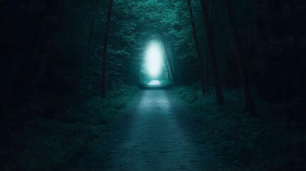 Illuminating Path Through Mysterious Forest Into Sunlit Clearing