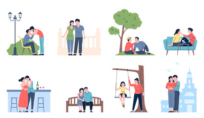 Romantic couples. Different couple in love, traditional and lgbt relationship. Men women friendship, dating and meeting in public places, recent vector scenes