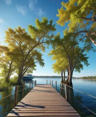 Trees swaying gently in the breeze at a boat dock under a clear blue sky, dock, branch, sway