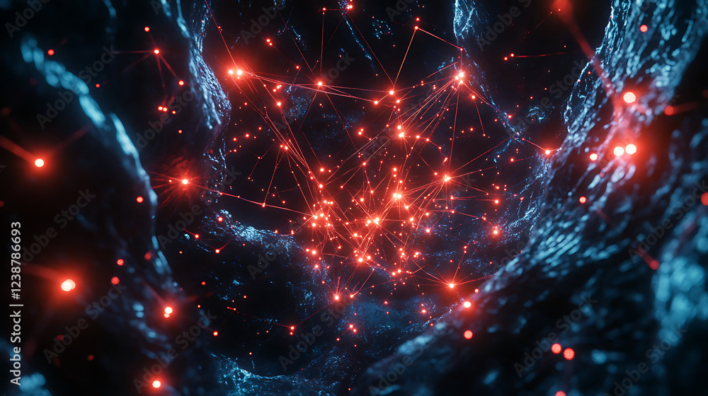 Poster a mesmerizing digital landscape featuring glowing red nodes connected by intricate blue lines, evoki