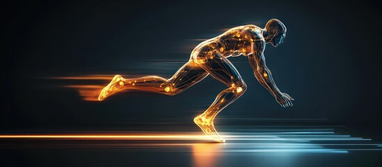 Fototapeta premium Digital athlete sprinting, glowing lines, dark background, speed concept