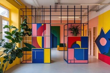 Colorful Abstract Interior Design with Geometric Shapes and Greenery