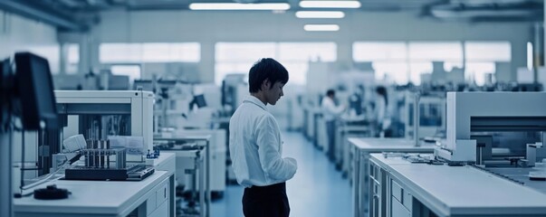 Scientist lab work, modern facility, colleagues background, research