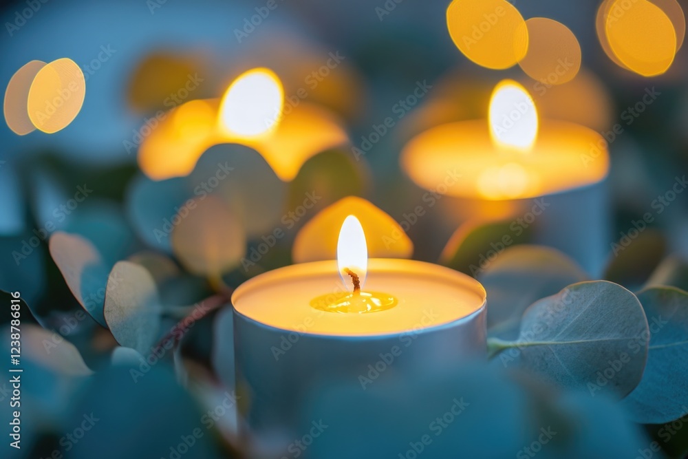 Poster a close-up shot of a lit candle surrounded by lush green leaves, ideal for use in scenes where warmt