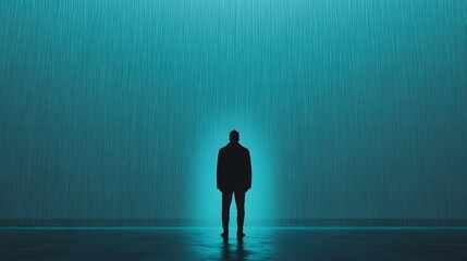 Obraz premium Solitary Figure Illuminated in Rainstorm,Symbolizing Hope in Adversity