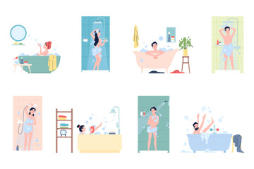People showering. Male female characters taking bath and shower. Personal hygiene time in bathroom, characters wash with shampoo and soap, recent vector scenes