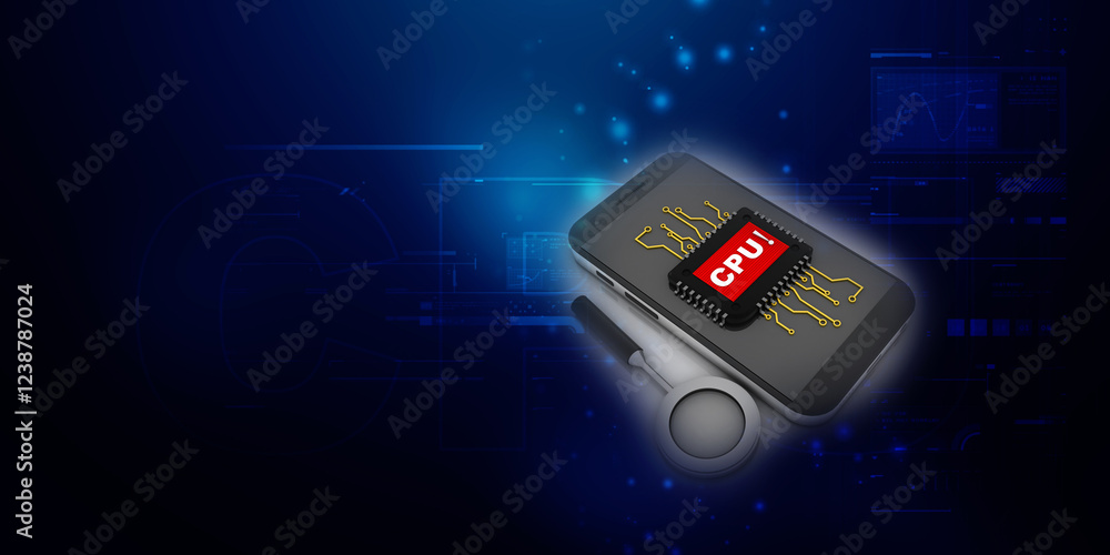 Poster 3d render cpu with microchips on mobile phone