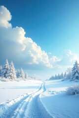 A light dusting of snow on the horizon under a vast cloudy blue sky, gentle fall, winter wonderland