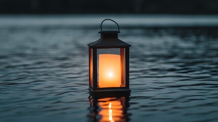 Glowing Lantern Floating on Tranquil River,Symbolizing Hope in Uncertain Times
