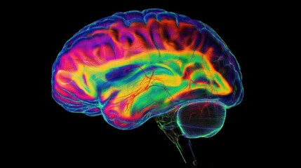 Colorful brain scan, medical illustration, neural activity, dark background, health education