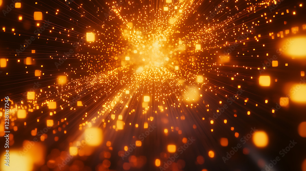 Poster a mesmerizing burst of golden light particles radiating outward, creating a dynamic and vibrant visu