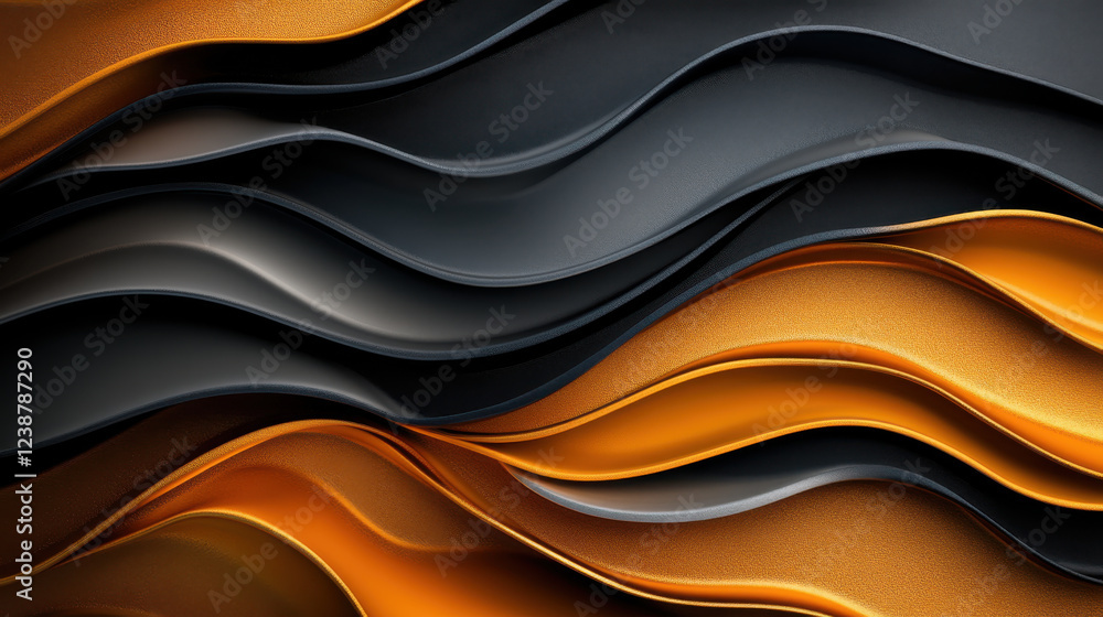 Poster elegant metallic wavy lines in black and orange create dynamic visual effect, showcasing blend of te