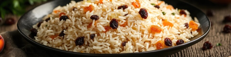 A bowl filled with rice and raisins on a wooden table, perfect for food styling or still life photography