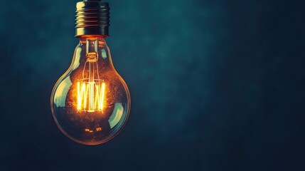Glowing filament bulb hangs against dark textured background, idea concept, website banner