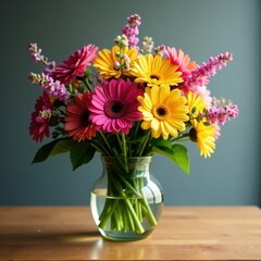Fototapeta premium Colorful flower bouquet in a glass vase on a wooden table, table, bouquet