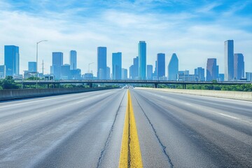 Fototapeta premium Empty Roadway Leading Towards Modern City Skyline Under Blue Sky