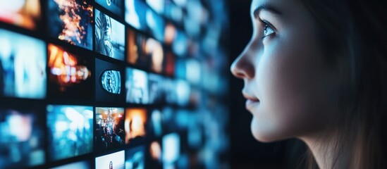 Woman views digital media wall, night, content selection