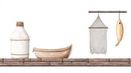 Rustic Wooden Shelf with Fishing Gear, Milk Bottle, Boat and Fish Decor in Light Background