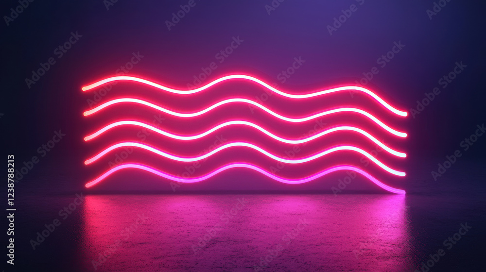 Poster realistic glowing neon wavy lines on dark gradient background create vibrant and dynamic atmosphere.