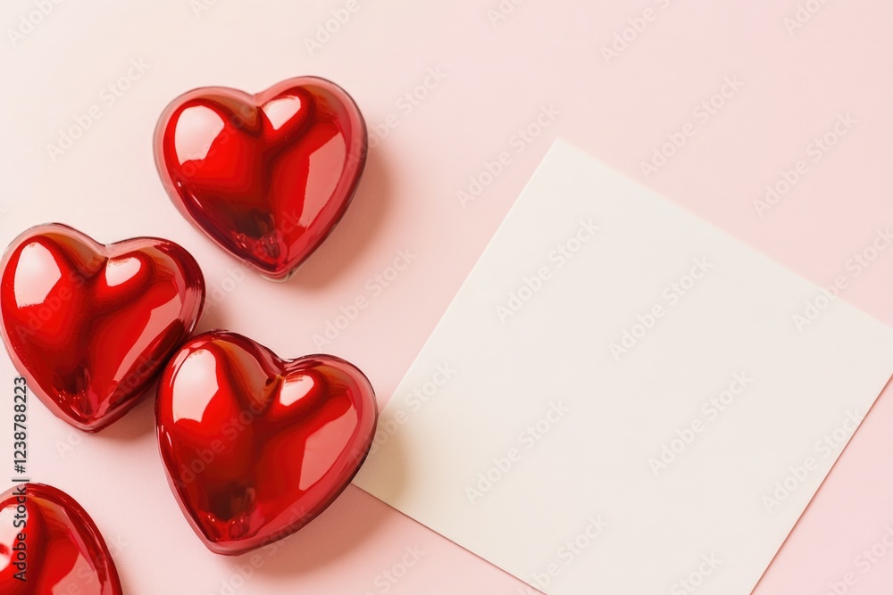 Poster a group of small red hearts sit next to a blank piece of paper, perfect for use in love-themed desig