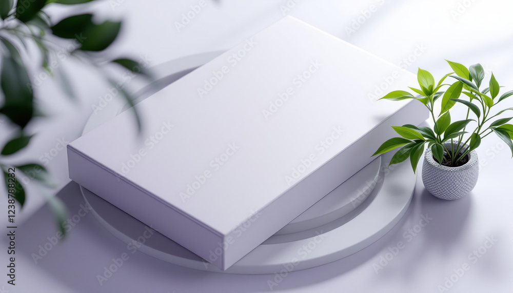 Poster white box on minimalist circular display with greenery