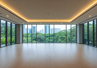 Fototapeta premium Spacious Modern Room with Panoramic City and Nature View