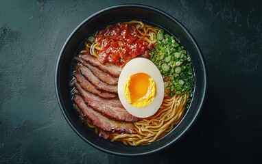 Traditional Japanese Ramen Bowl with Soft-Boiled Egg, Sliced Pork, Noodles, and a Savory Broth, Top-Down View