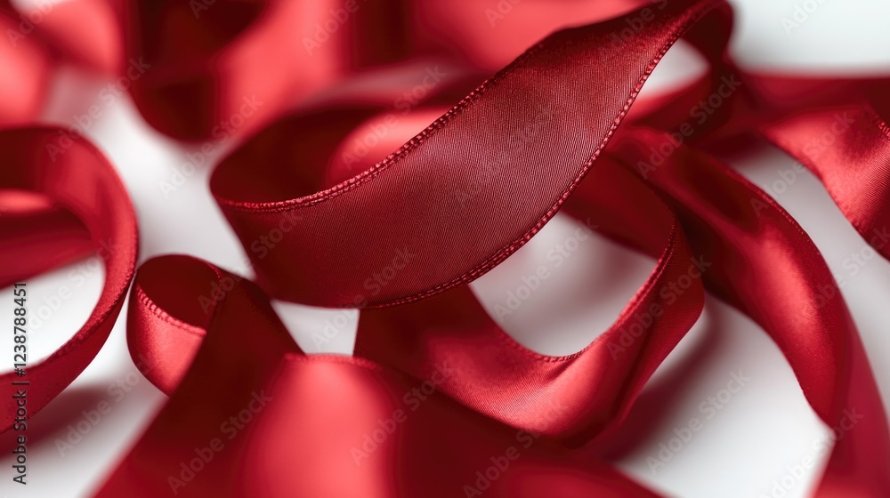 Poster close up shot of a red ribbon on a white surface, great for design and craft projects