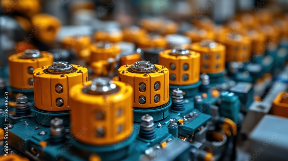 Poster close-up view of industrial machinery components with orange caps in a busy workshop setting