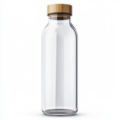 Naklejka premium Transparent Glass Water Bottle with Bamboo Lid Isolated on White Background