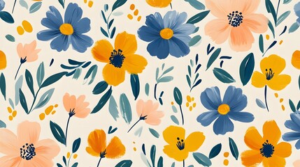 Abstract Floral Pattern with Blue Orange and Peach Flowers